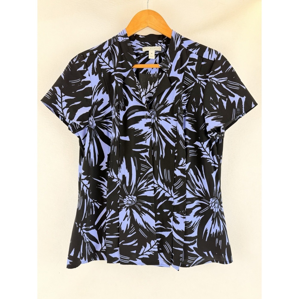 Blouse Dana Buchman Womens M Blue Black Floral Button Front Career Top